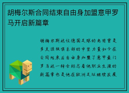胡梅尔斯合同结束自由身加盟意甲罗马开启新篇章 胡梅尔斯合同结束自由身加盟意甲罗马开启新篇章