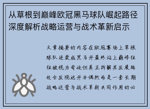 从草根到巅峰欧冠黑马球队崛起路径深度解析战略运营与战术革新启示